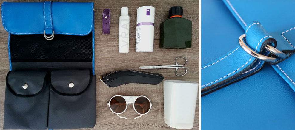 trousse de toilette en cuir bleu