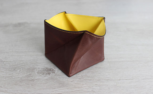 Porte-monnaie  cuir   - modèle Origami - Cuir Marron Brut et Jaune Lime