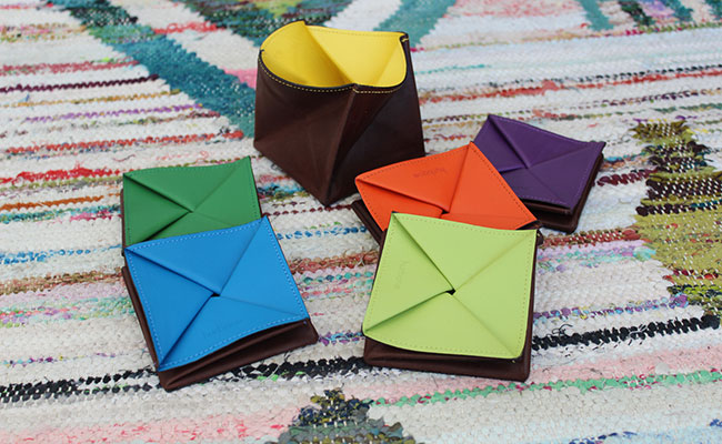 Porte-monnaie  cuir   - modèle Origami - Cuir Marron Brut et Jaune Lime